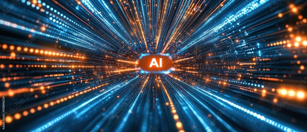Poster abstract ai data stream: futuristic technology tunnel of light and information
