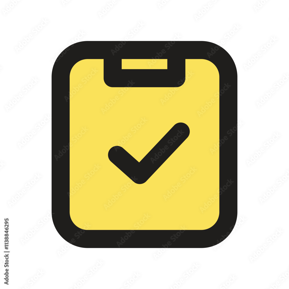 Poster a pixel art icon depicting a yellow checklist with a checkmark indicating task completion.