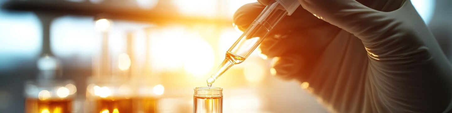 Scientist pouring liquid in lab, focus on vial and pipette