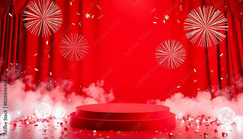 Poster a dazzling display of fireworks and confetti explodes on a striking red background, celebrating joy 