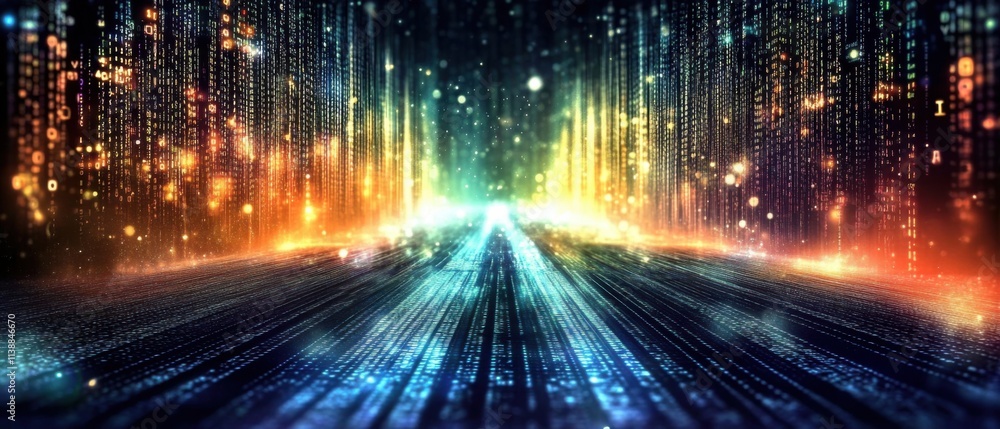 Poster futuristic digital highway: abstract data stream and glowing code background