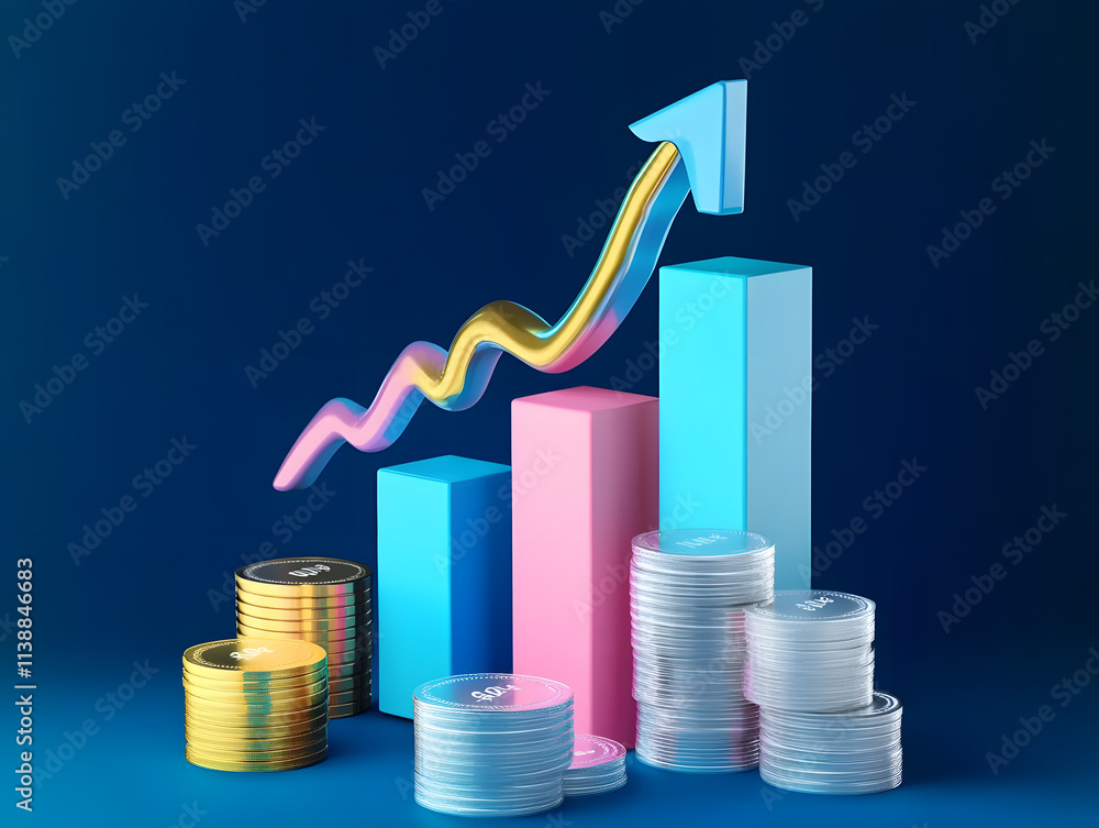 Poster finance stock growth chart investment graph on 3d diagram background with up arrow digital analysis 
