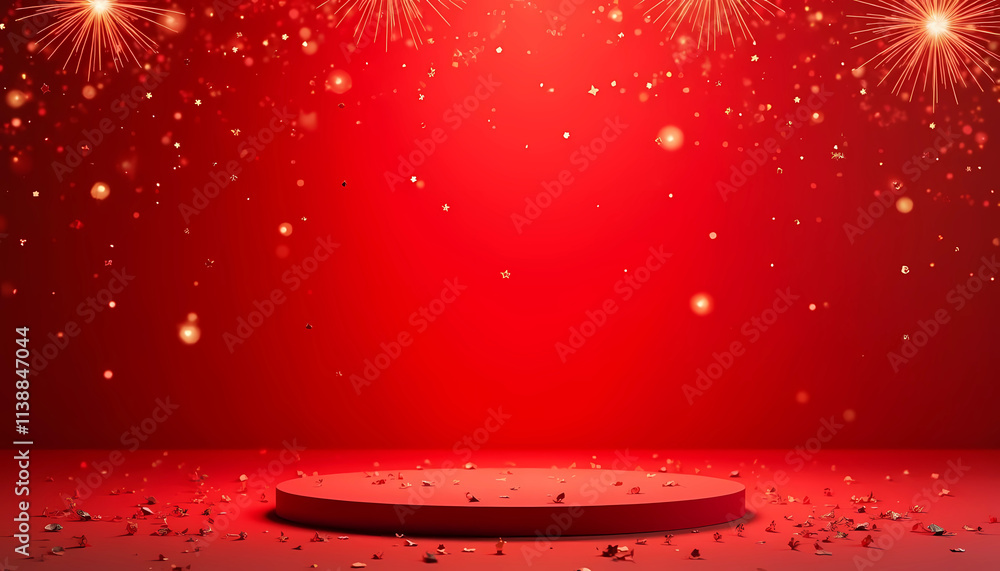 Aufkleber vibrant red stage with spectacular fireworks and rich red curtains, creating a captivating backdrop 