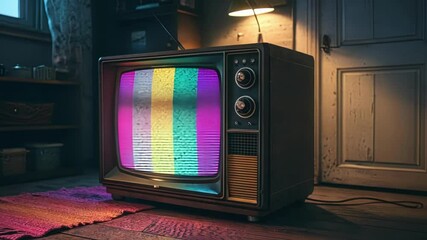 Fuzzy Screen Glow A vintage television screen flickers with fuzzy black and white static interrupted by vibrant color bars of pink blue and yellow casting a soft colorful glow in a - Powered by Adobe