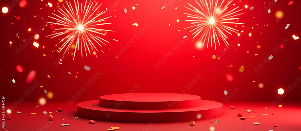 Aufkleber fireworks explode against a red background, casting a warm red glow and enhancing the festive mood, 