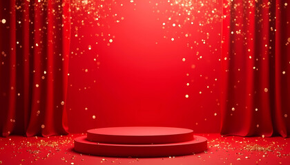 A striking red stage featuring red curtains, with dazzling fireworks lighting up the scene, generative ai