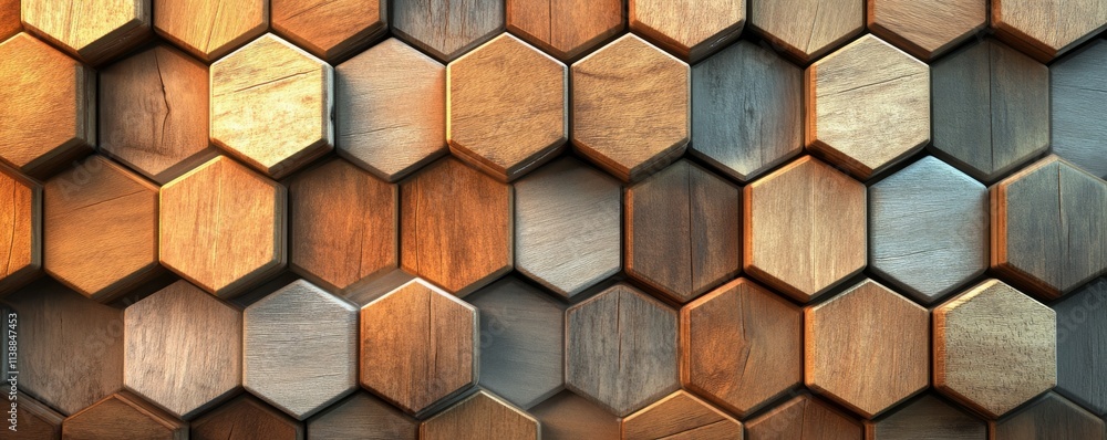 Poster timber tiles arranged to create a wood wall. natural background formed from hexagonal blocks.