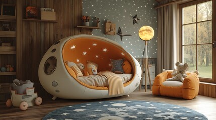 Themed nursery based on a space adventure with starry wallpapers a moon lamp and rocketshaped furniture photographed using high dynamic range to highlight the fun theme