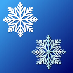 Set of white snowflakes, paper cut style, Blue background with shadows