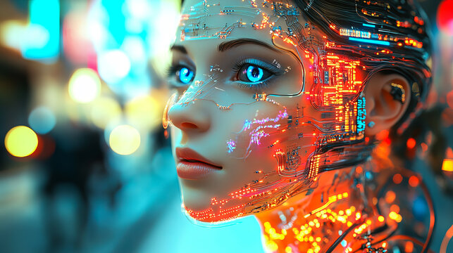 A futuristic portrait of a young female robot cyborg with a human face, featuring intricate wires and microchips, symbolizing advancements in AI and robotics.
