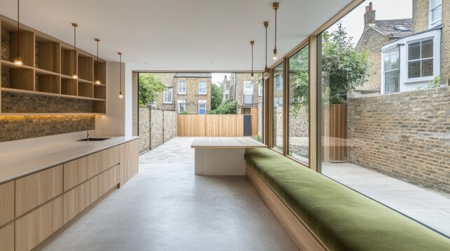 Modern kitchen extension with wood cabinetry, concrete floor, and large window overlooking garden.