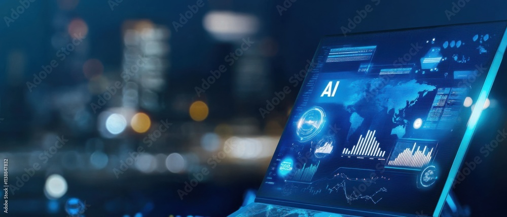 Poster futuristic ai technology displayed on laptop screen with global data analytics