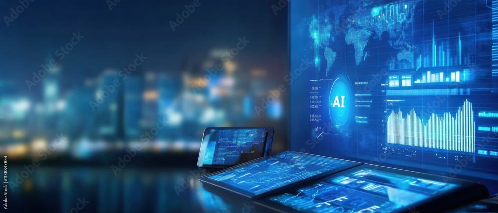 Poster futuristic ai technology displayed on multiple screens with cityscape background