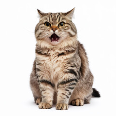 Obraz premium Tabby Cat With Open Mouth Sitting On White Background
