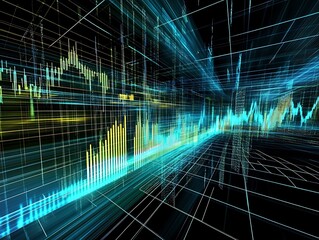 Digital graphical design of charts and data lines in 3d, abstract wallpaper showing business related data over dark screen with neon lights