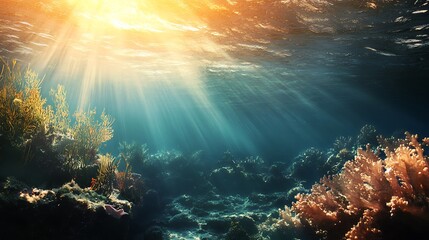 Sunlight Underwater Coral Reef. Concept of marine life, underwater world, and nature.
