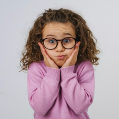 Young Girl with Curly Hair and Glasses Makes a Funny Face