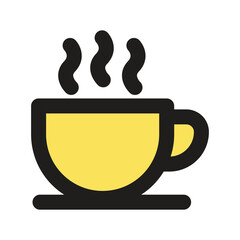 The image shows a pixelated illustration of a yellow coffee cup emitting steam.