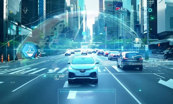 Futuristic car on a city road with digital interfaces.