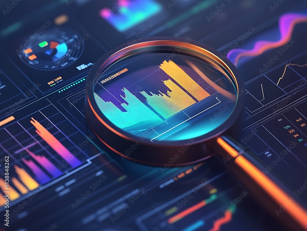 Poster magnifying glass on the charts and monitor, observing data closely for better results