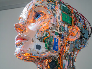 A futuristic portrait of a young female robot cyborg with a human face, featuring intricate wires and microchips, symbolizing advancements in AI and robotics.