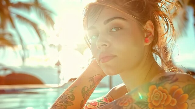 Young woman relaxing in pool posing with tattoos