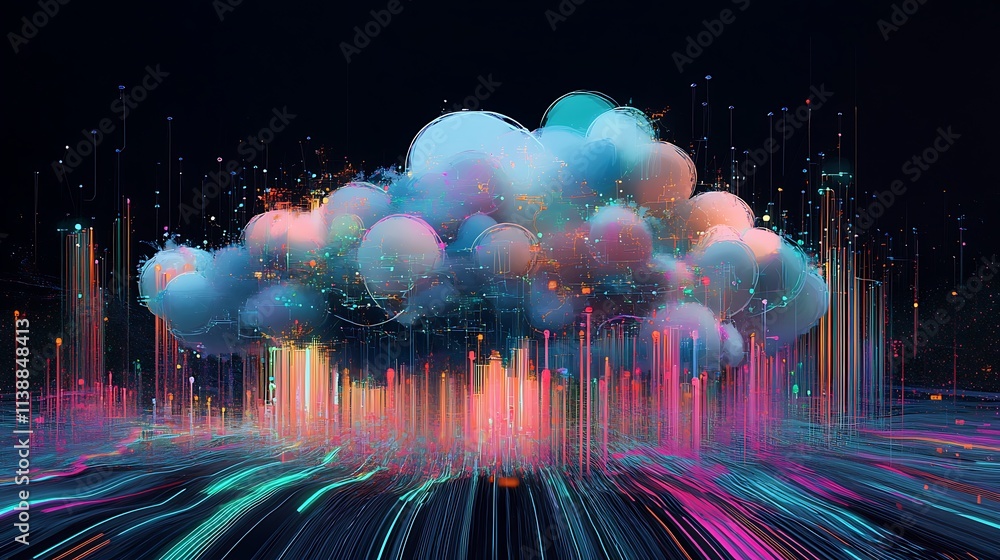 Poster cyber cloud and binary information data on black background, cloud space and cloud computing network