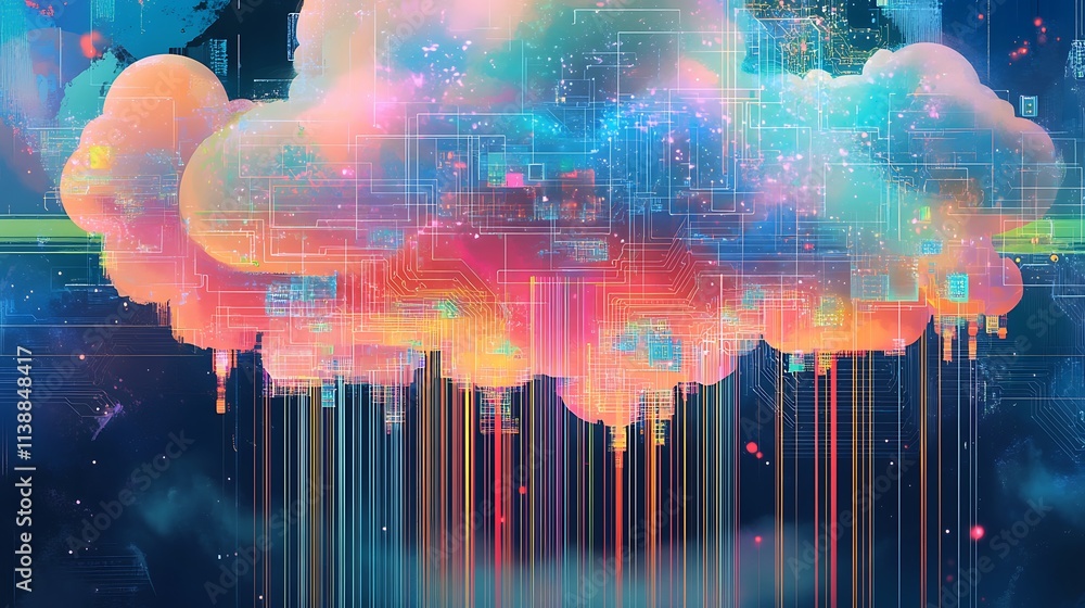 Poster cyber cloud and binary information data on black background, cloud space and cloud computing network