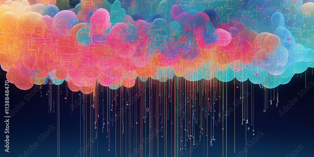Poster cyber cloud and binary information data on black background, cloud space and cloud computing network