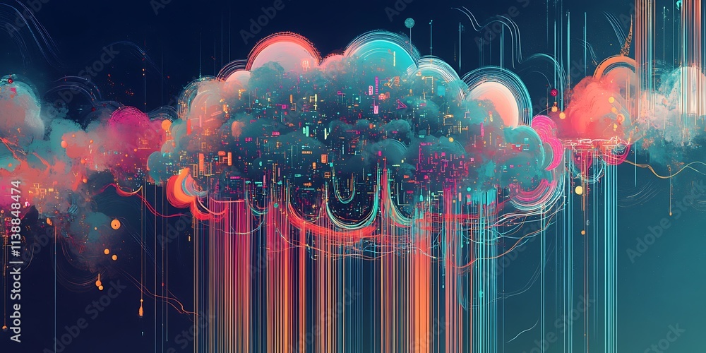 Poster cyber cloud and binary information data on black background, cloud space and cloud computing network