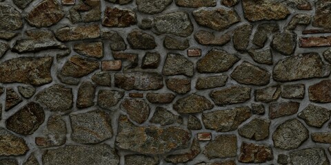 Abstract background with rustic stone wall composed of irregularly shaped stones in various sizes and shades of gray and brown. The stones are held together with visible mortar