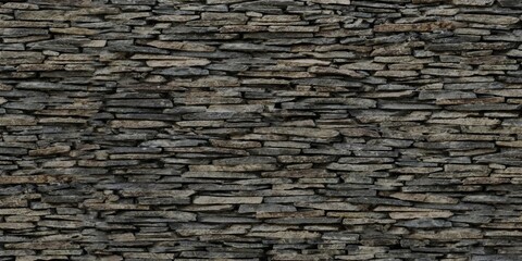Abstract background with stone wall made of irregularly shaped, flat stones stacked horizontally. The stones vary in size and color, predominantly featuring shade