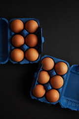 Brown Chicken egg on black background. Packaging. Free space.