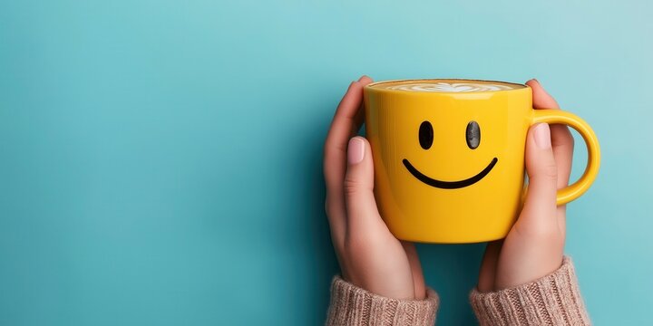 A playful close-up of hands gently holding a yellow coffee mug with a frothy smiley face