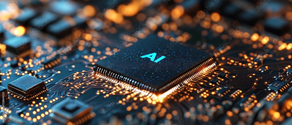 Poster closeup of ai microchip on circuit board, illuminating technological advancement