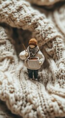 A small figure is holding a cup and standing on a knitted blanket. The blanket is white and has a lot of texture