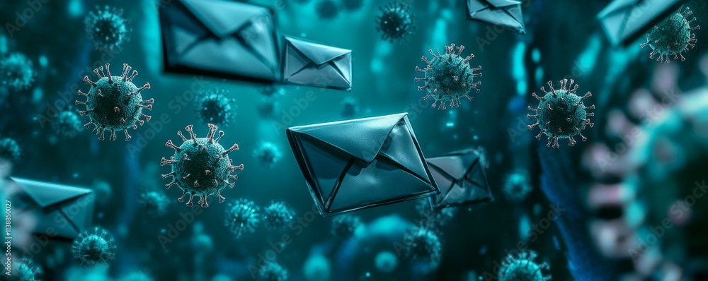 Poster virus in the shape of an envelope spreading through a network of computers, email spam virus, networ