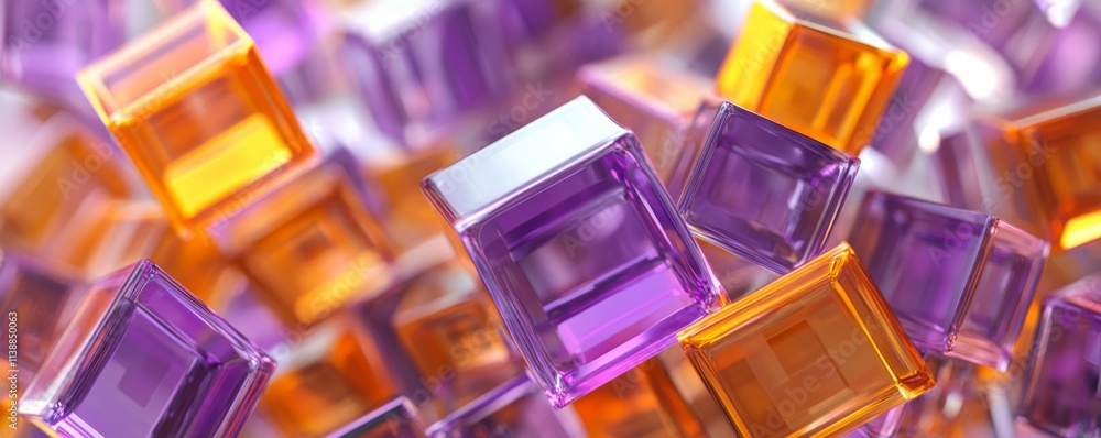 Poster violet and orange, translucent blocks perfectly arranged to create a innovative tech background. .