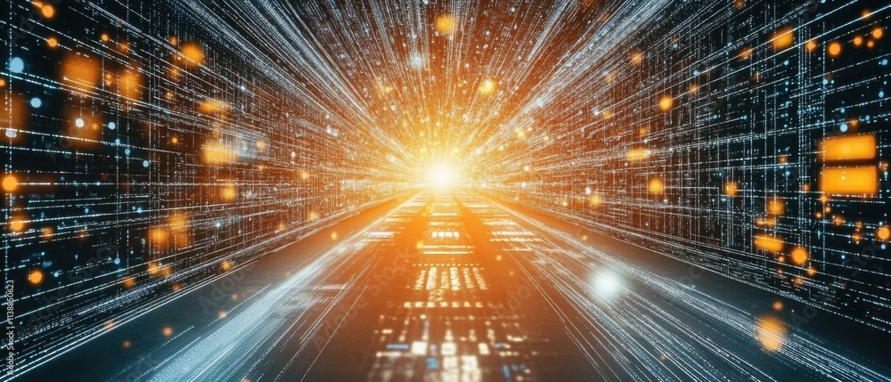 Poster abstract digital data stream: futuristic technology tunnel of light and code