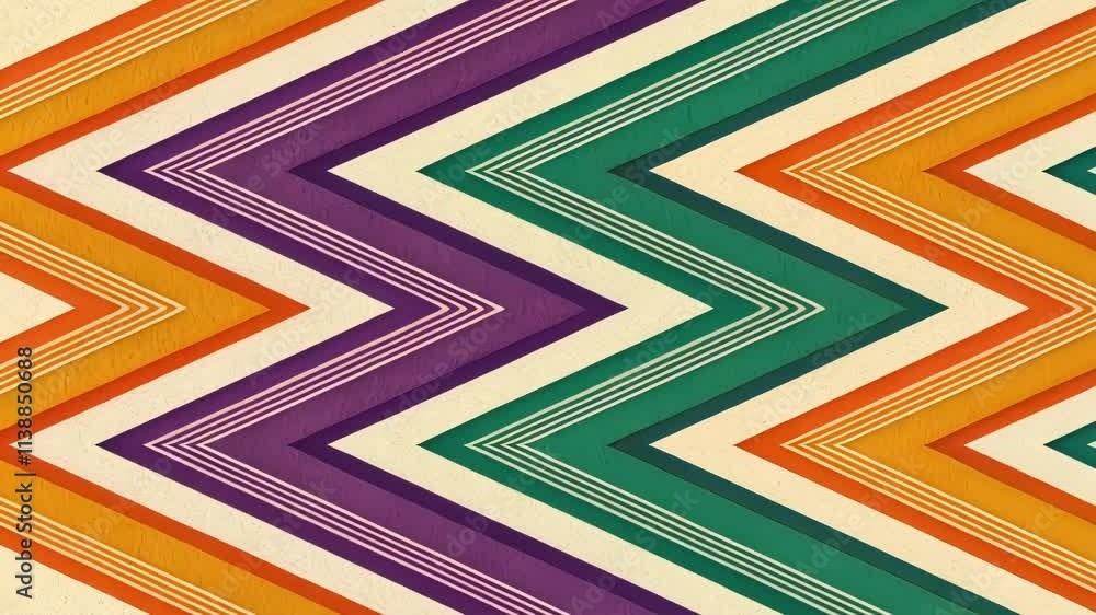 Poster Zany Lines An intricate mesh of sharply angled lines and curves in vibrant oranges purples and greens overlapping and intersecting on a pale yellow backdrop eliciting feelings of