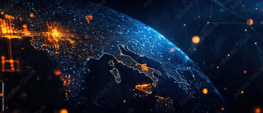 Poster global network connections: illuminated earth with digital network overlay