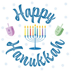 Happy Hanukkah greeting card with a traditional candelabra, colorful lit candles  and dreidels on a white background vector illustrator