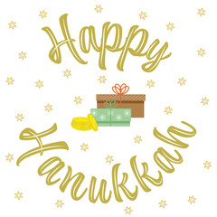 Happy Hanukkah greeting card with colorful gift boxes, coins and stars of David on a white background vector illustrator