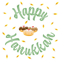 Happy Hanukkah greeting card with colorful jelly donuts and flames on a white background vector illustrator