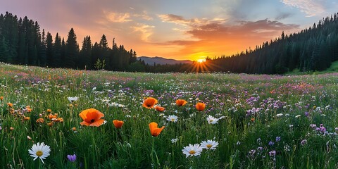 Vast plain of flowers landscape full of plants and colorful flowers floral theme, green plains and pine trees in far away