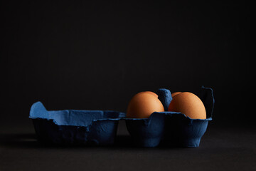 Brown Chicken egg on black background. Packaging. Free space.