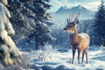 Obraz premium Deer among snow-covered pines and mountains.