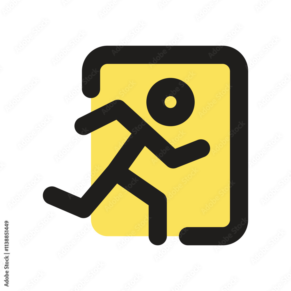 Poster a stylized running figure icon depicted on a yellow square background likely indicating an exit or e
