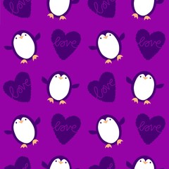 Valentine love hearts seamless 14 February penguin pattern for wrapping paper