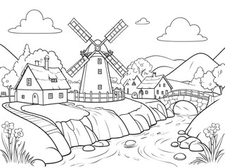 Charming Black and White Village Illustration: Windmill, Houses, River, and Bridge